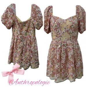 TCEC Anthropologie Sequin Puff Sleeve Mini Dress Pink Green Medium